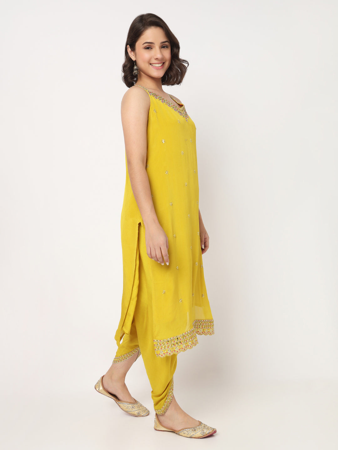 V-Neck Embroidered Straight Kurta and Pant with Dupatta Set
