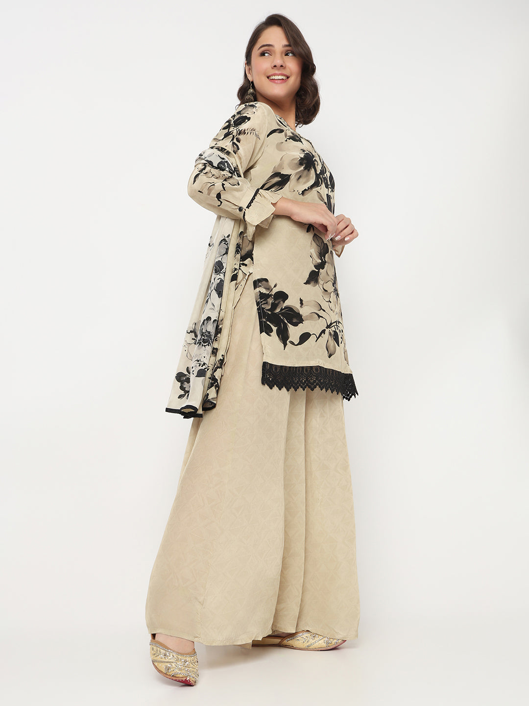 V-Neck Printed Straight Kurta and Palazzo with Dupatta Set