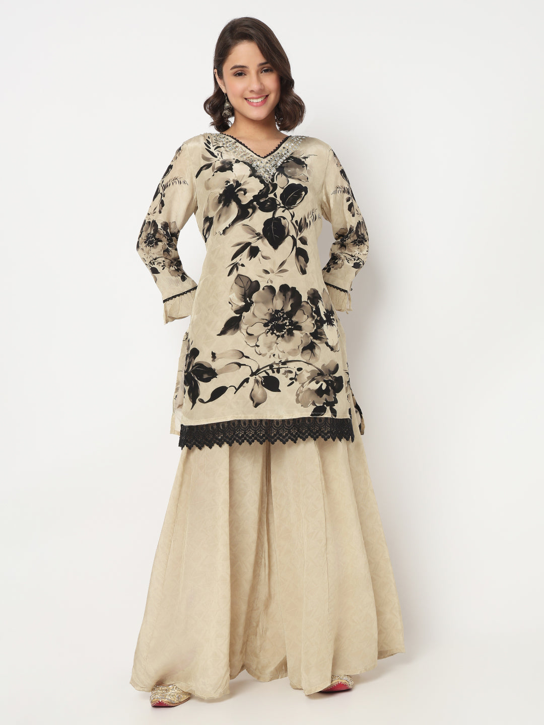 V-Neck Printed Straight Kurta and Palazzo with Dupatta Set