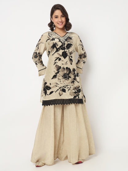 V-Neck Printed Straight Kurta and Palazzo with Dupatta Set