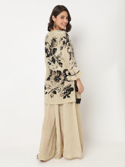 V-Neck Printed Straight Kurta and Palazzo with Dupatta Set