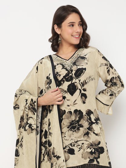 V-Neck Printed Straight Kurta and Palazzo with Dupatta Set