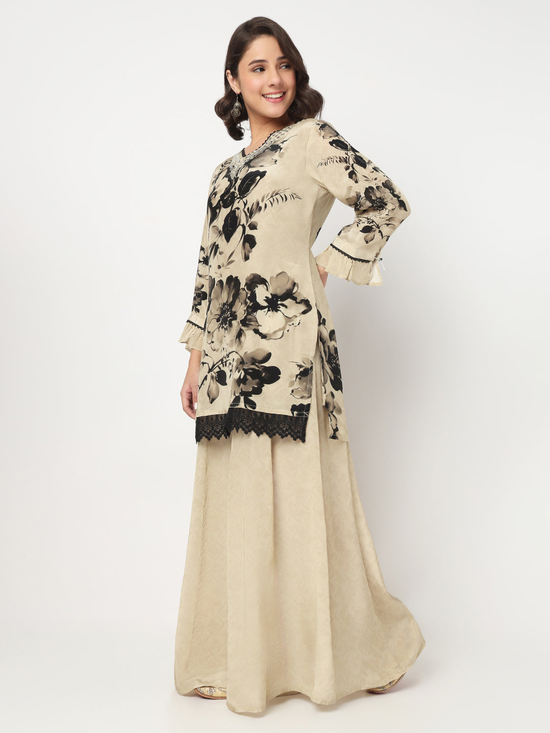 V-Neck Printed Straight Kurta and Palazzo with Dupatta Set