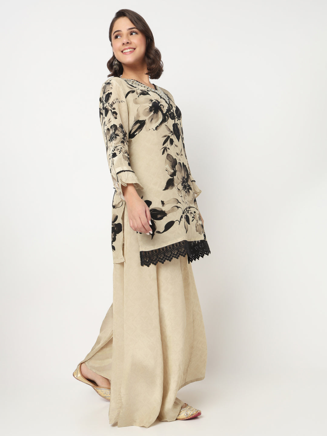 V-Neck Printed Straight Kurta and Palazzo with Dupatta Set