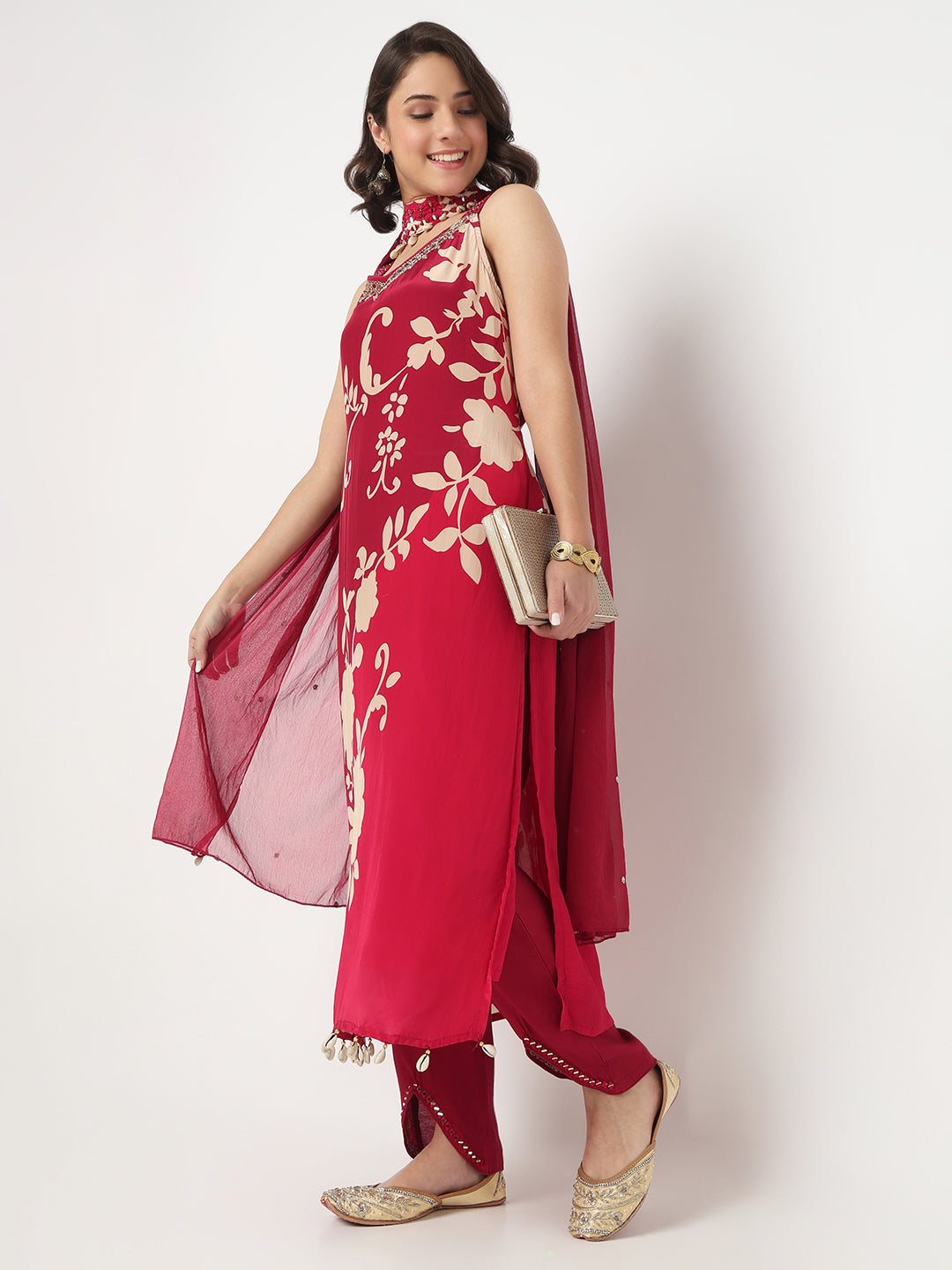 V-Neck Printed Straight Kurta and Pant with Dupatta Set