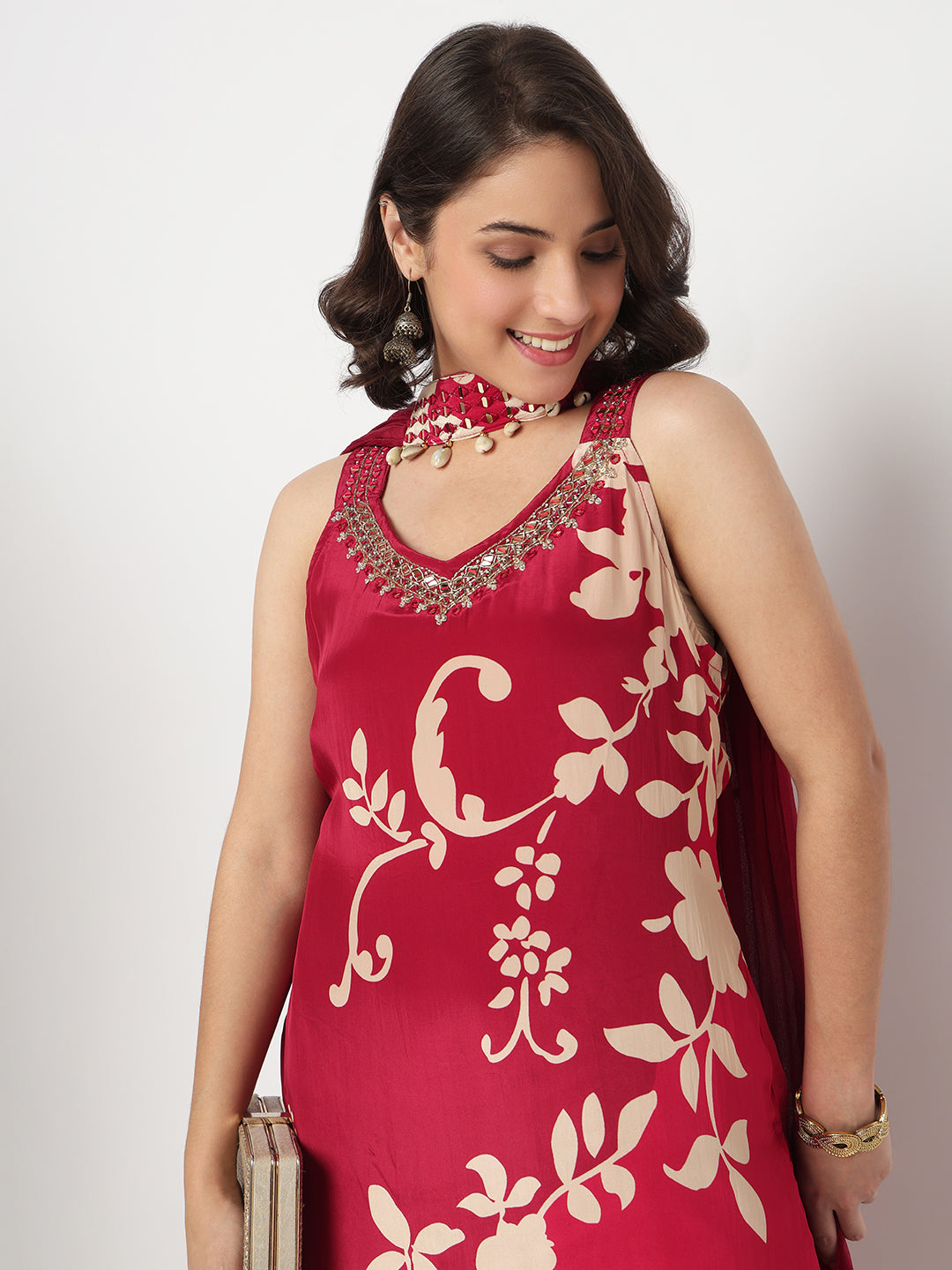 V-Neck Printed Straight Kurta and Pant with Dupatta Set