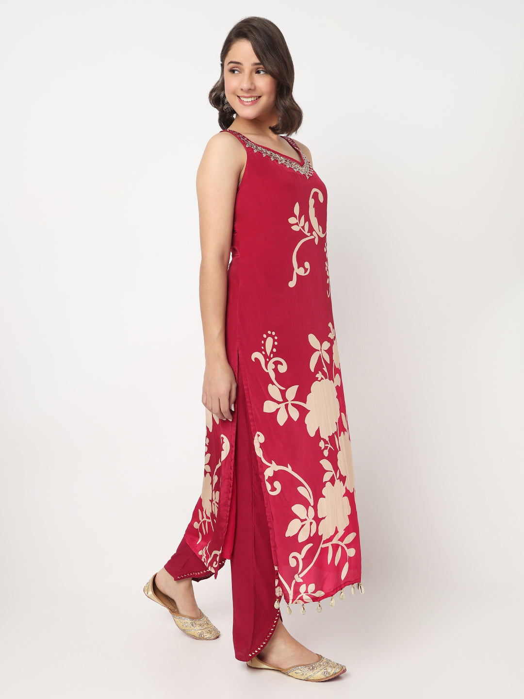 V-Neck Printed Straight Kurta and Pant with Dupatta Set