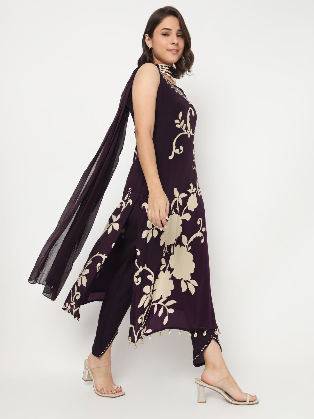 V-Neck Printed Straight Kurta and Pant with Dupatta Set