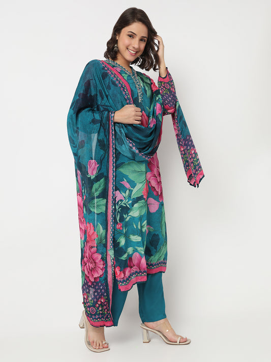 V-Neck Printed Straight Kurta and Salwar with Dupatta Set