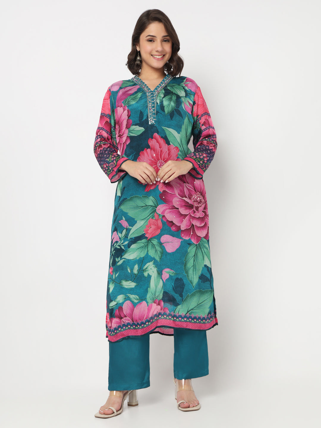 V-Neck Printed Straight Kurta and Salwar with Dupatta Set
