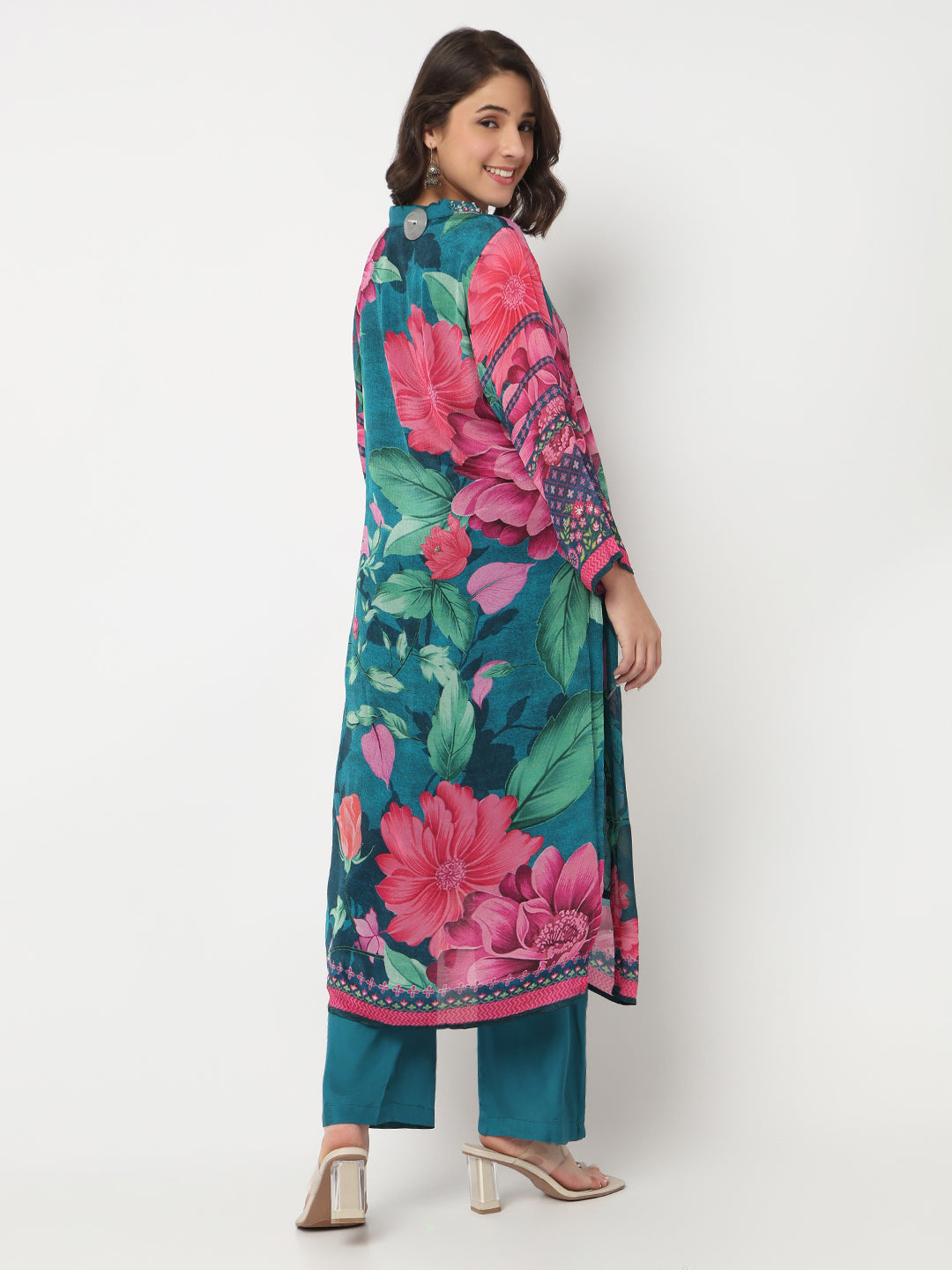 V-Neck Printed Straight Kurta and Salwar with Dupatta Set