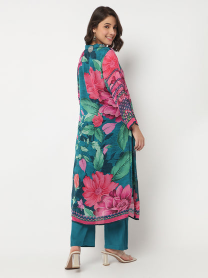 V-Neck Printed Straight Kurta and Salwar with Dupatta Set