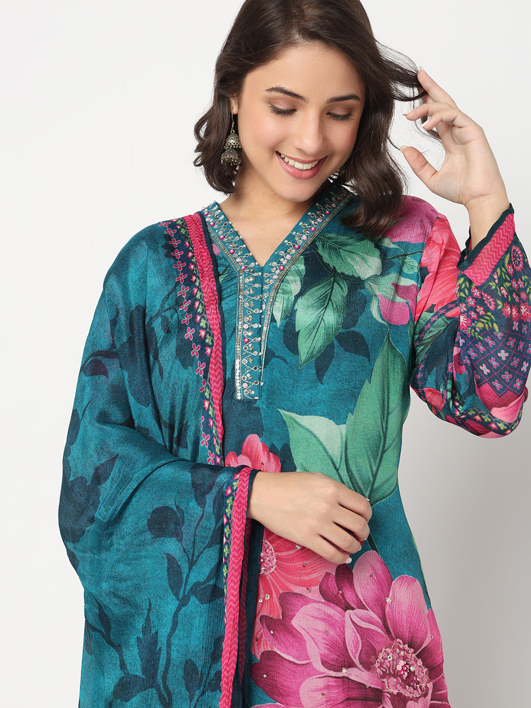 V-Neck Printed Straight Kurta and Salwar with Dupatta Set