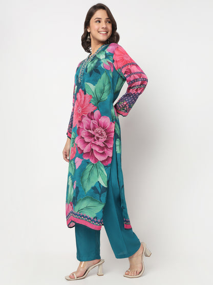V-Neck Printed Straight Kurta and Salwar with Dupatta Set
