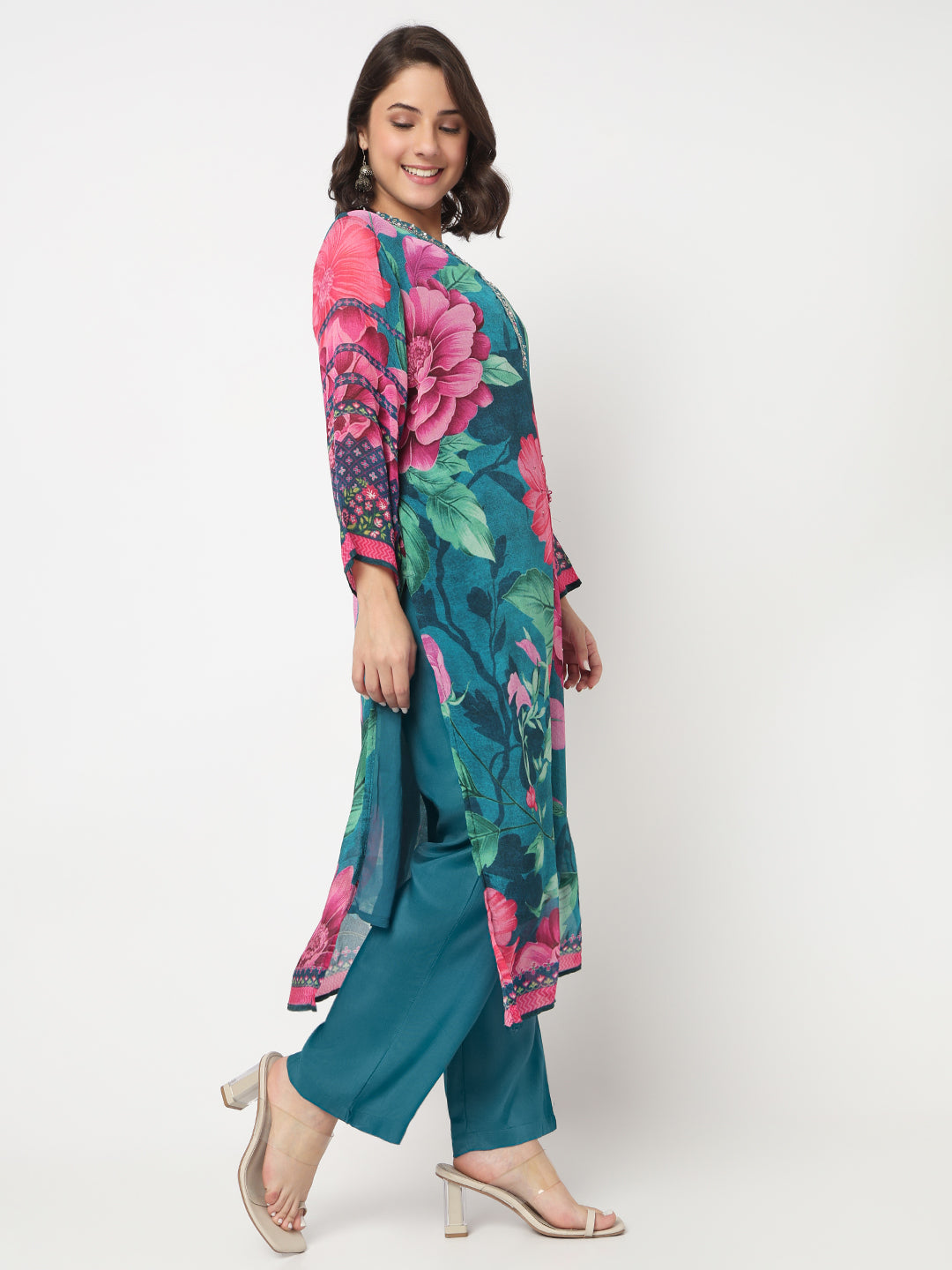 V-Neck Printed Straight Kurta and Salwar with Dupatta Set