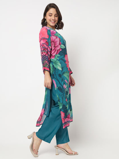V-Neck Printed Straight Kurta and Salwar with Dupatta Set