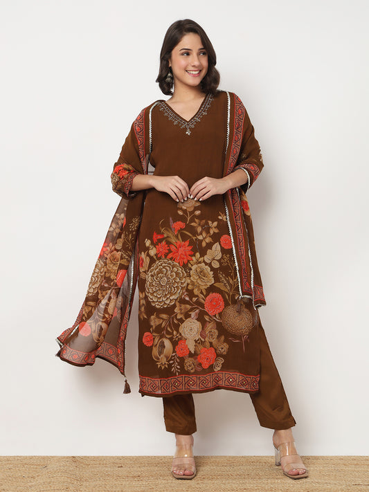 V-Neck Printed Flared Kurta and Pant with Dupatta Set