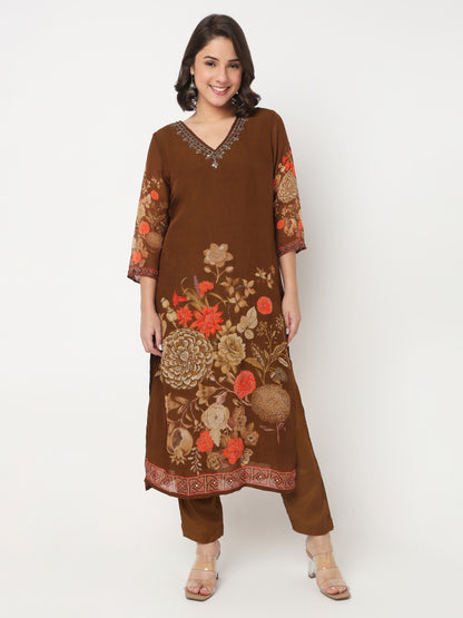V-Neck Printed Flared Kurta and Pant with Dupatta Set