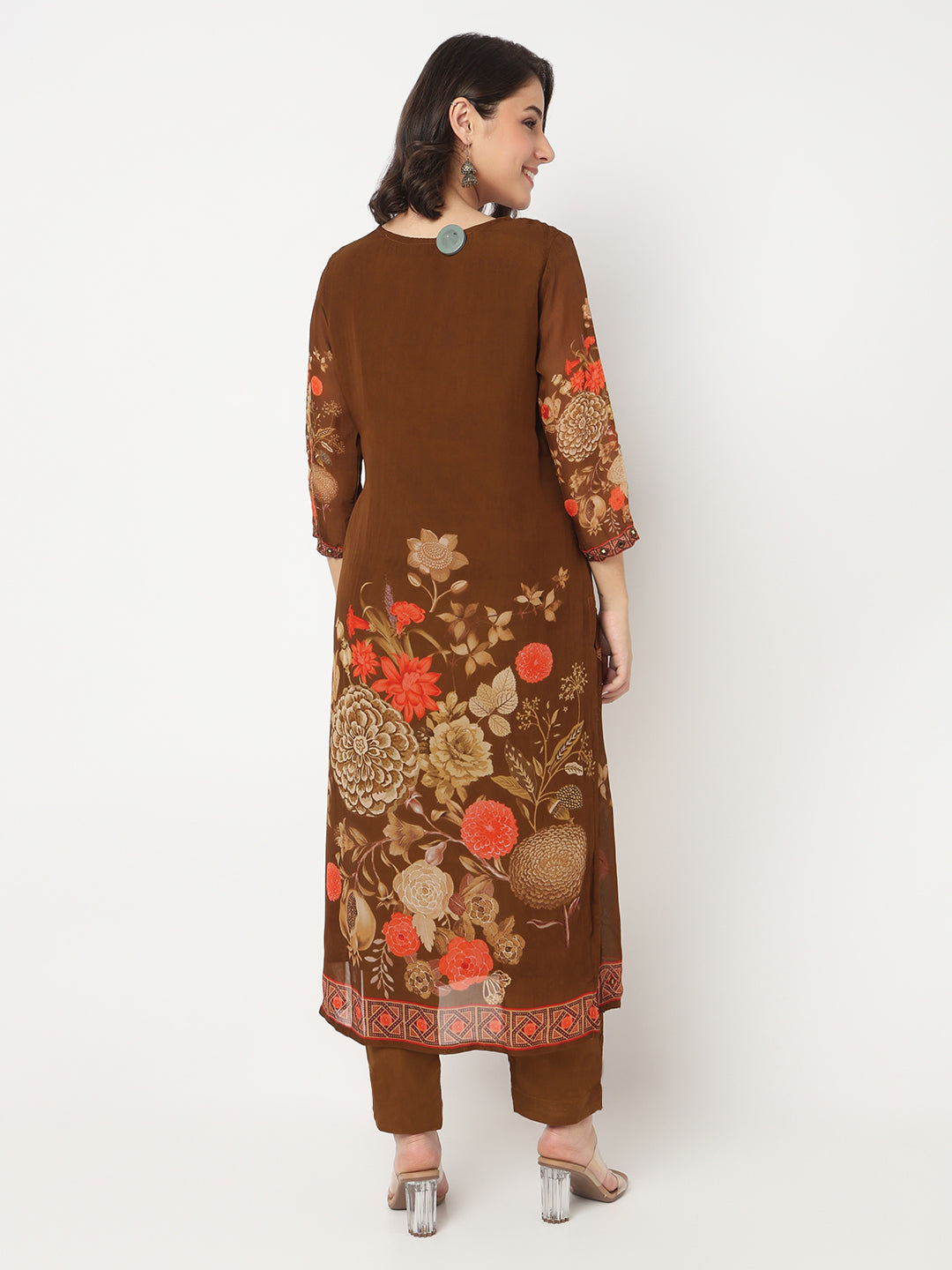 V-Neck Printed Flared Kurta and Pant with Dupatta Set
