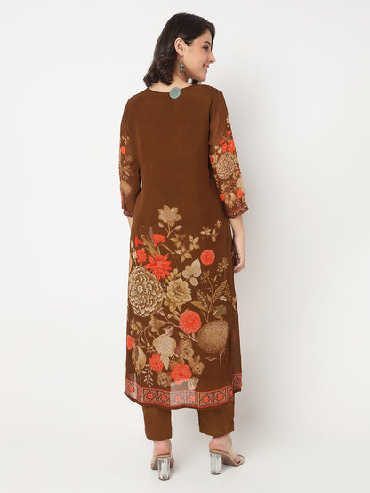 V-Neck Printed Flared Kurta and Pant with Dupatta Set