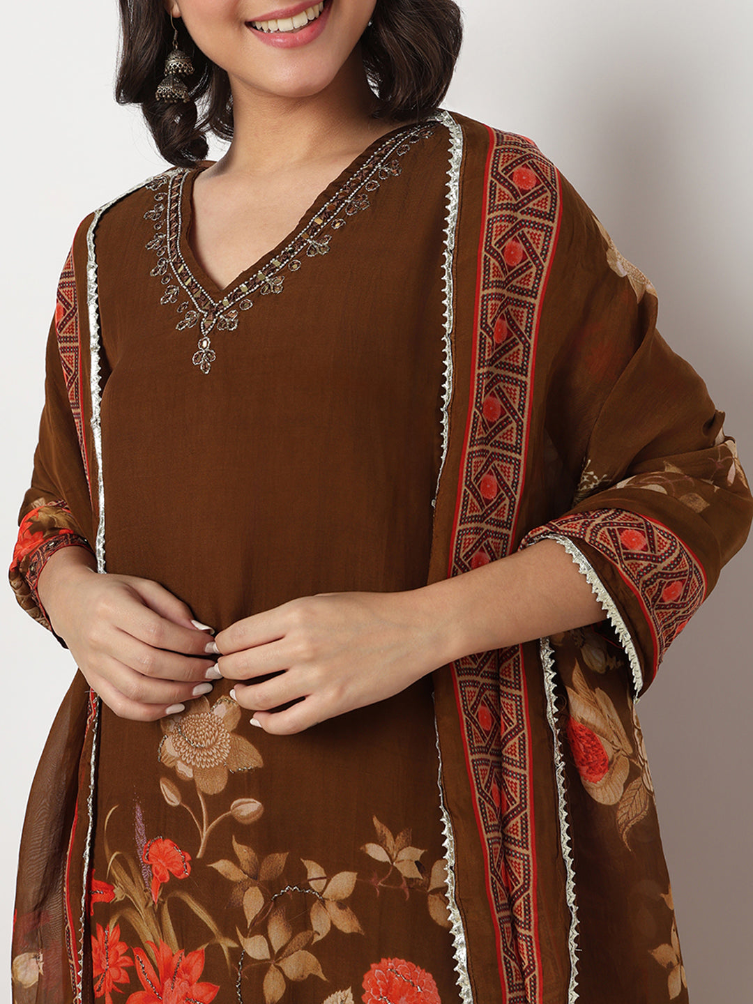 V-Neck Printed Flared Kurta and Pant with Dupatta Set