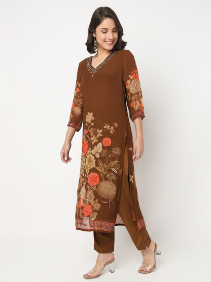 V-Neck Printed Flared Kurta and Pant with Dupatta Set