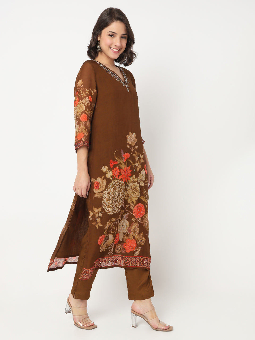 V-Neck Printed Flared Kurta and Pant with Dupatta Set