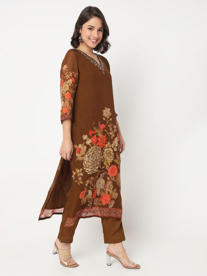 V-Neck Printed Flared Kurta and Pant with Dupatta Set