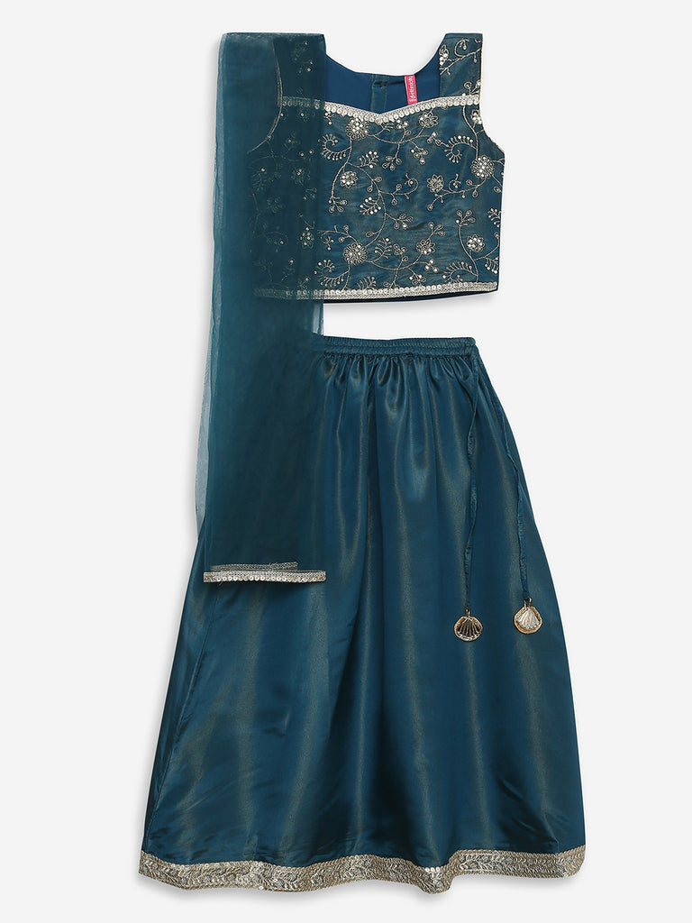 Girls Flare Fit Embroidered Crop Top and Skirt with Dupatta Set