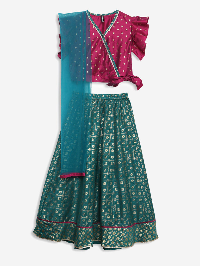 Girls Flare Fit Printed Crop Top and Skirt with Dupatta Set