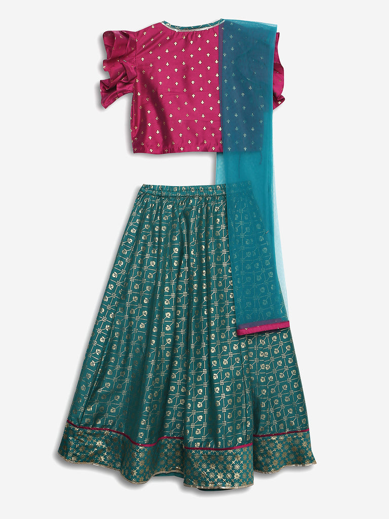 Girls Flare Fit Printed Crop Top and Skirt with Dupatta Set