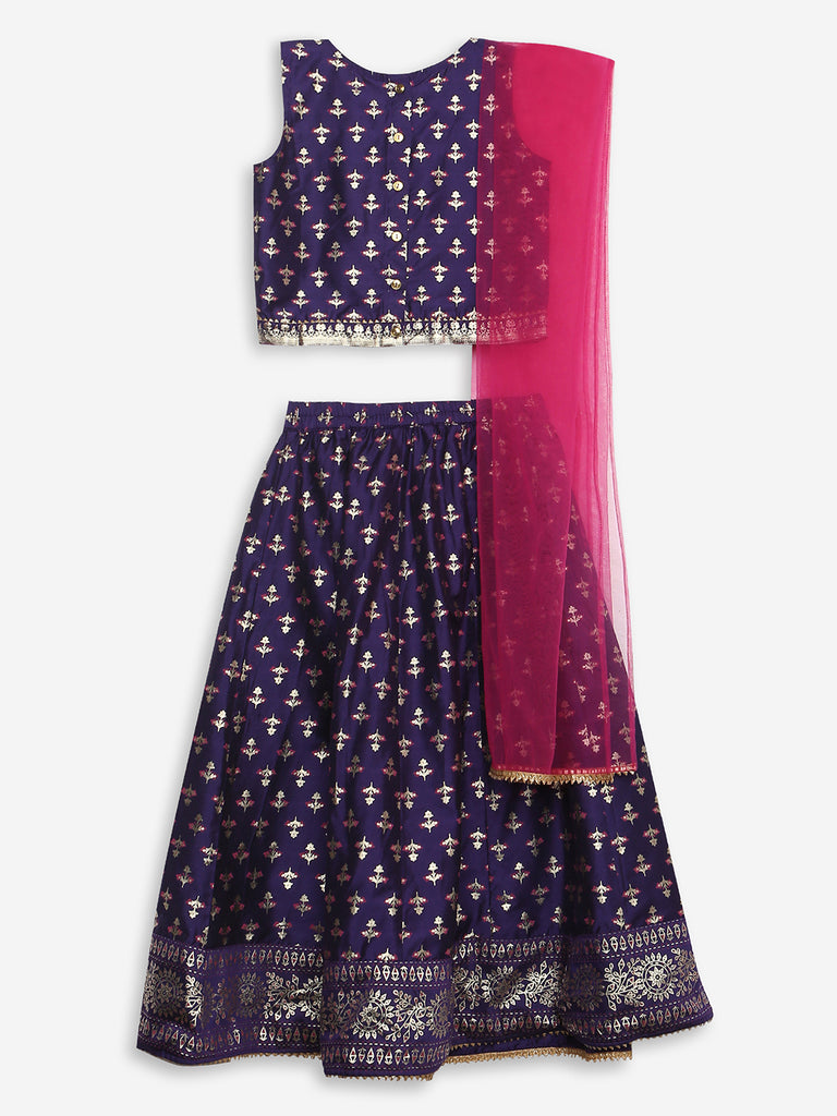 Girls Flare Fit Printed Crop Top and Skirt with Dupatta Set