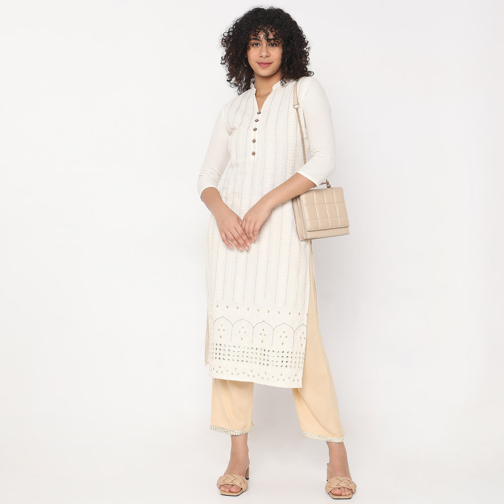 Straight Fit Solid Mid Rise Ethnic Pants