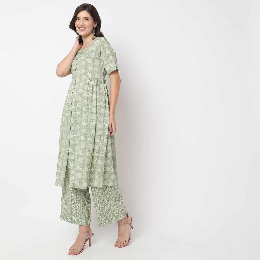 Women Wearing Flare Fit Printed Kurta Set