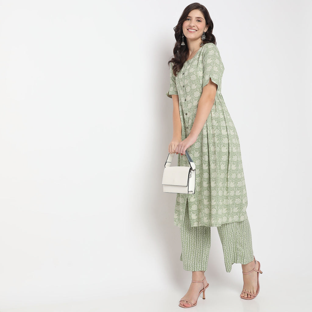 Women Wearing Flare Fit Printed Kurta Set