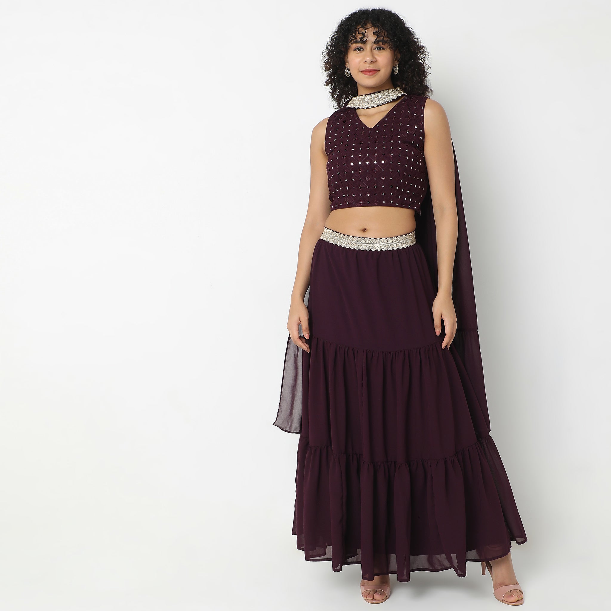 Flare Fit Embellished Ethnic Crop Top Skirt Set with Dupatta