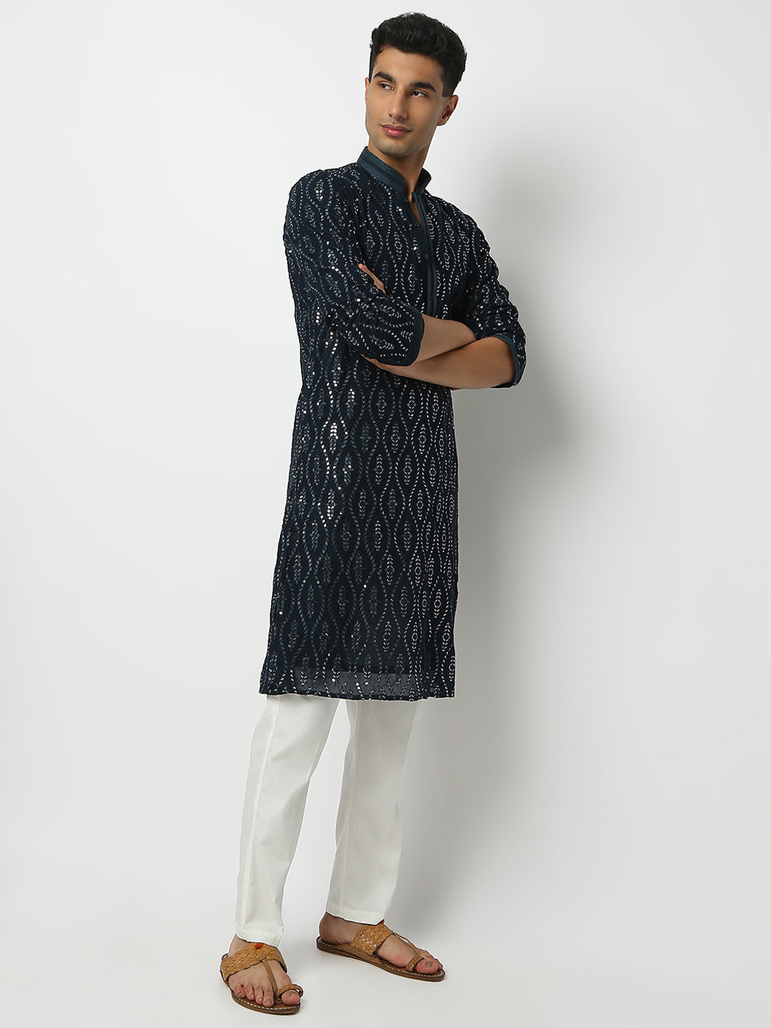 Regular Fit Embellished Mandarin Collar Full Sleeve Kurta and Pant Set