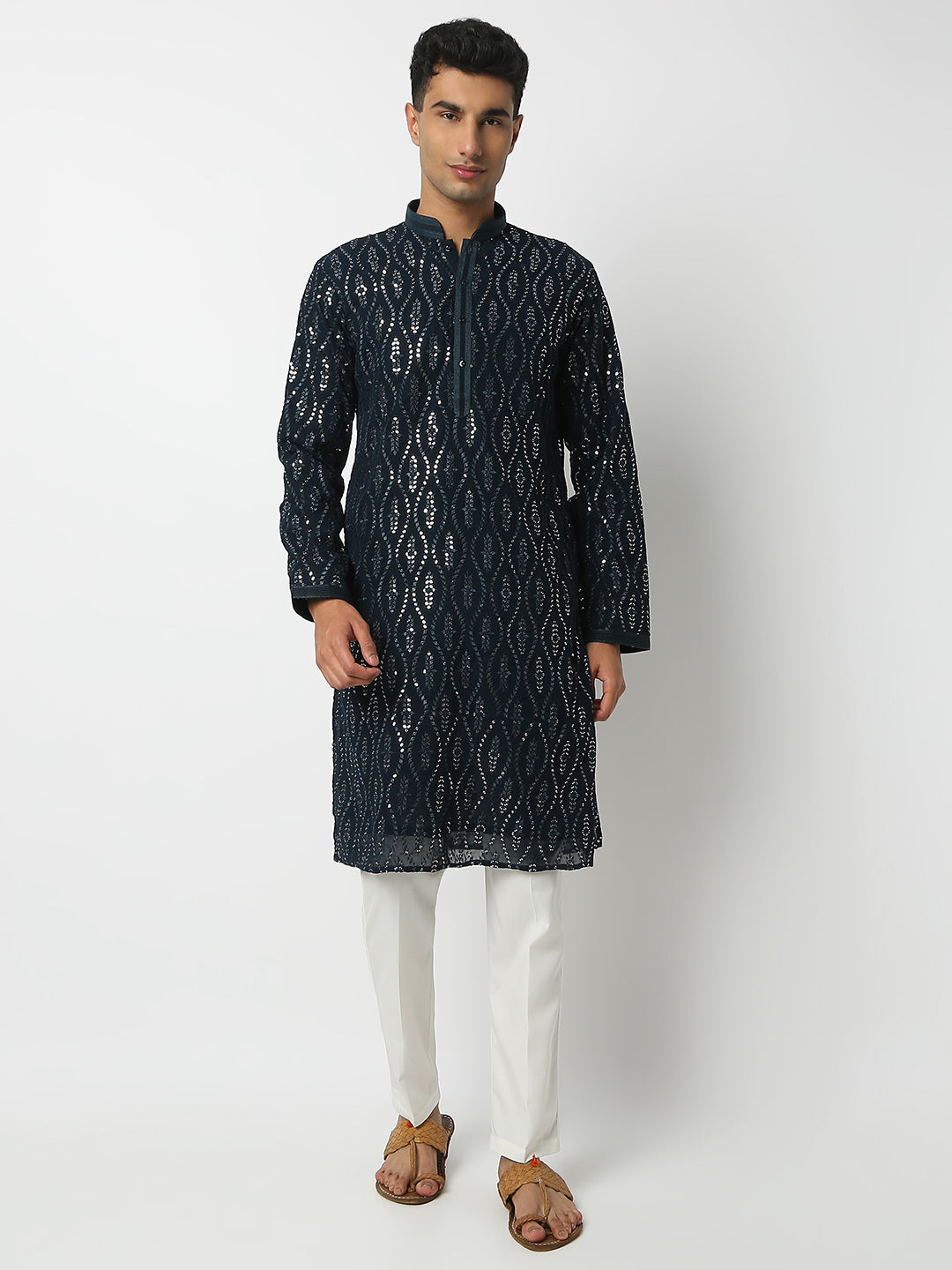 Regular Fit Embellished Mandarin Collar Full Sleeve Kurta and Pant Set