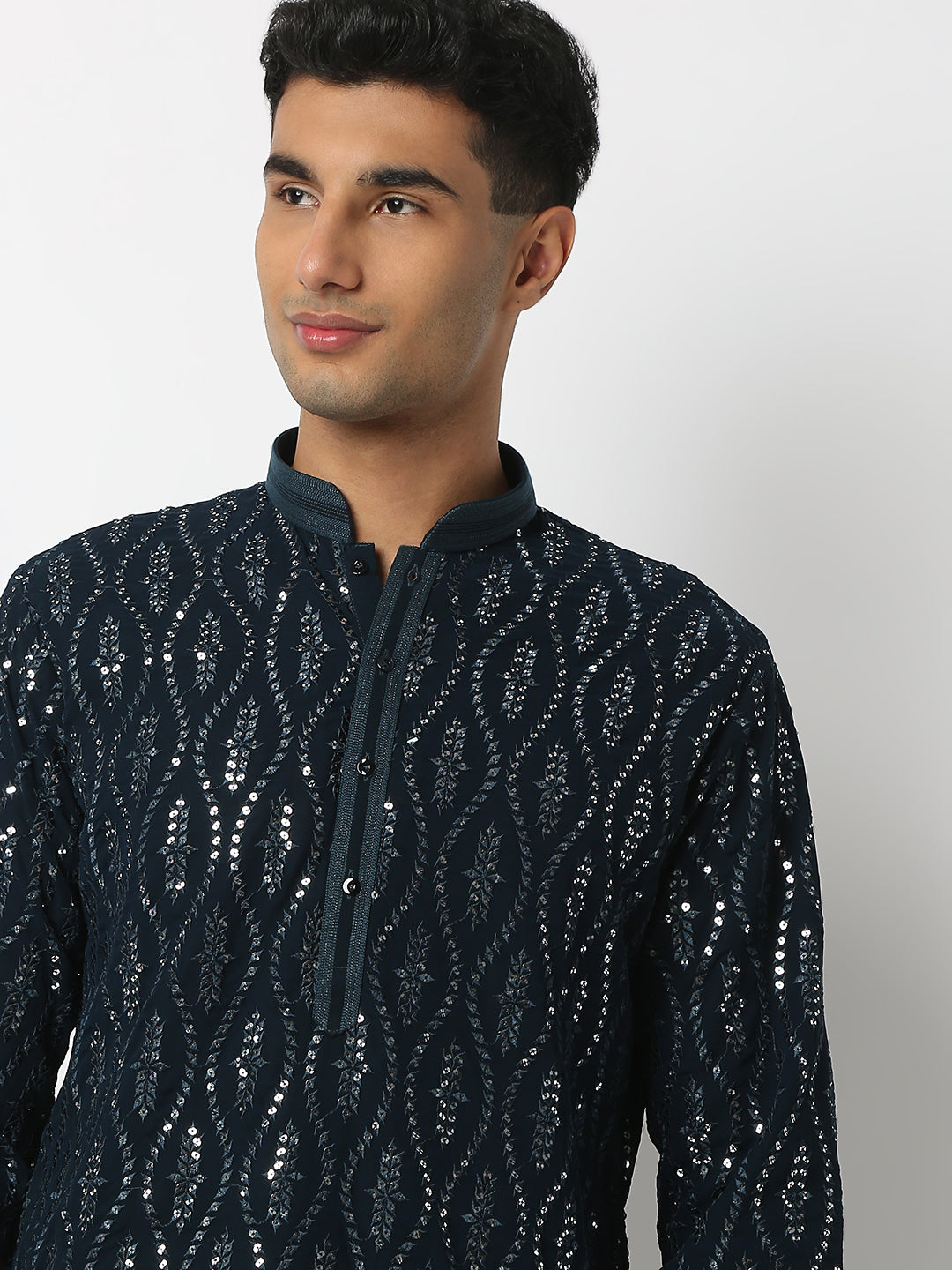 Regular Fit Embellished Mandarin Collar Full Sleeve Kurta and Pant Set