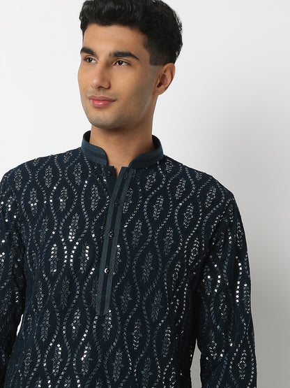 Regular Fit Embellished Mandarin Collar Full Sleeve Kurta and Pant Set