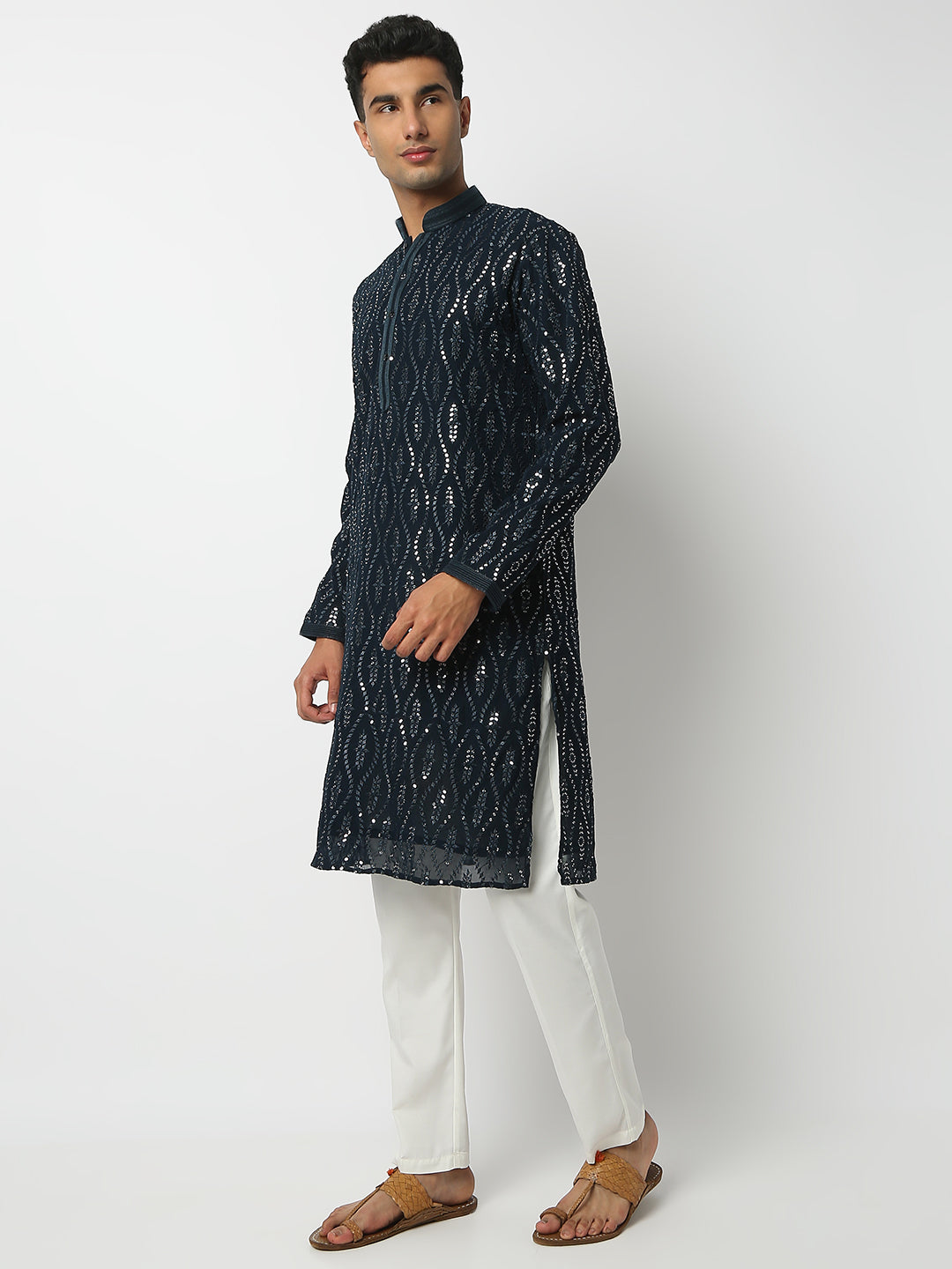 Regular Fit Embellished Mandarin Collar Full Sleeve Kurta and Pant Set