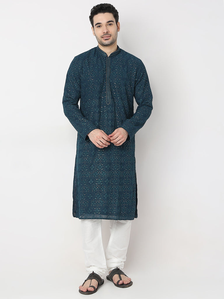 Regular Fit Embroidered Kurta with Churidar Set