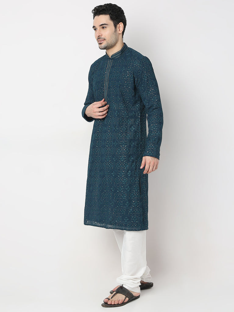 Regular Fit Embroidered Kurta with Churidar Set