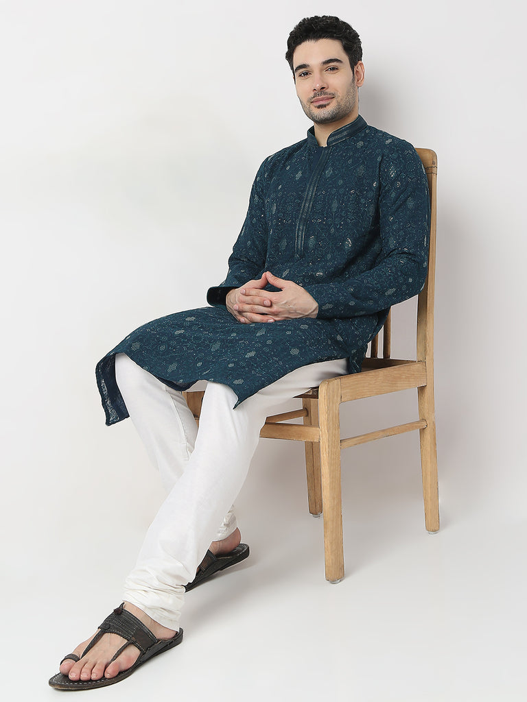 Regular Fit Embroidered Kurta with Churidar Set