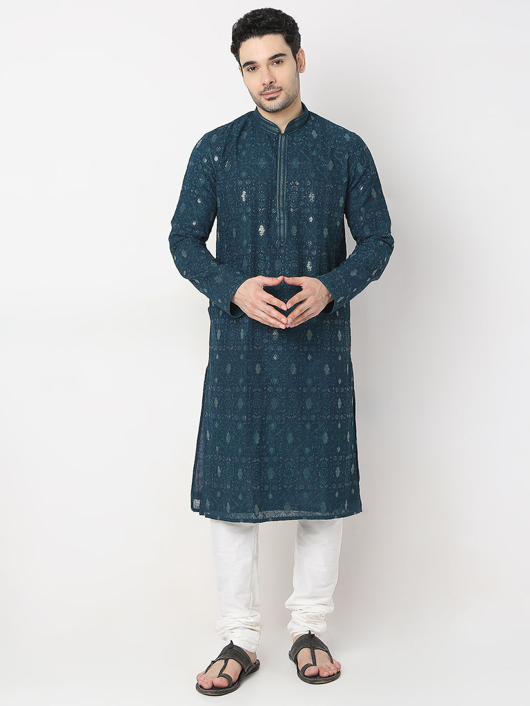 Regular Fit Embroidered Kurta with Churidar Set