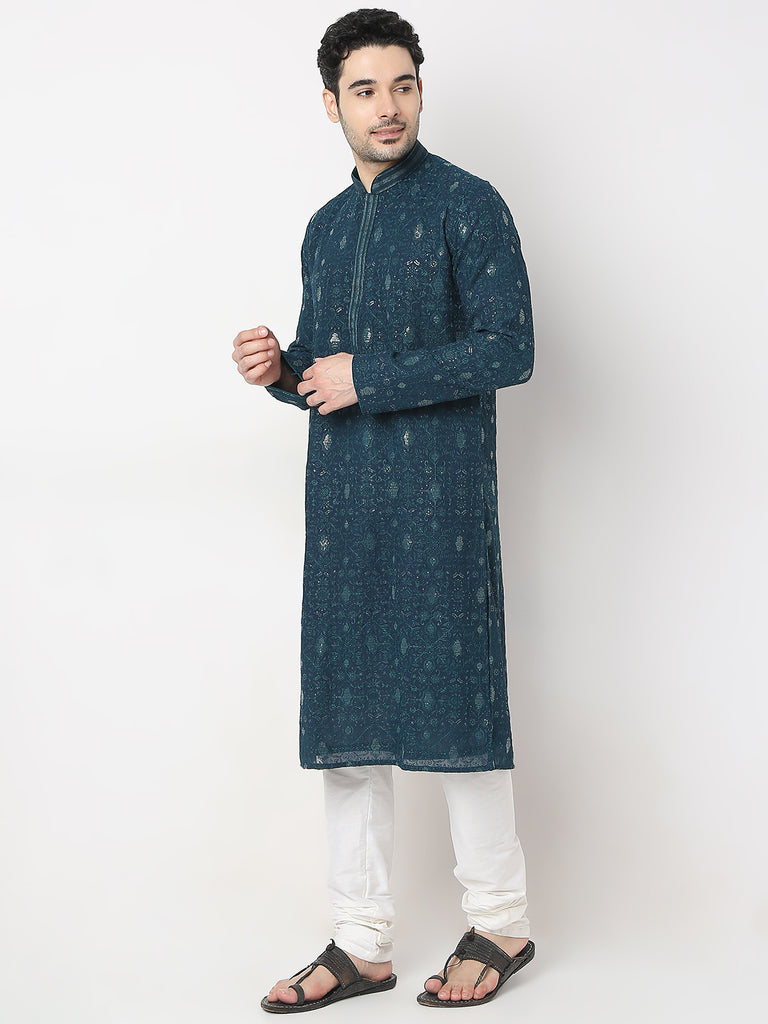 Regular Fit Embroidered Kurta with Churidar Set