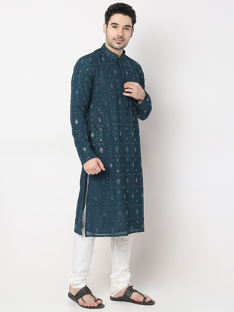 Regular Fit Embroidered Kurta with Churidar Set