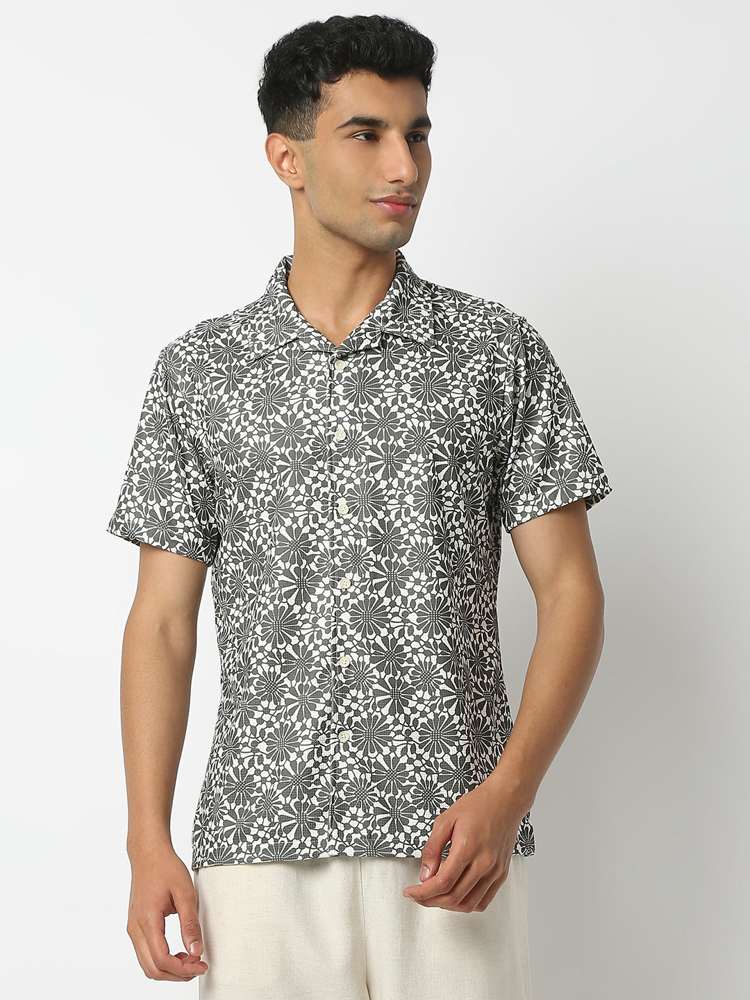 Relaxed Fit Digital Print Camp Collar Half Sleeve Shirt