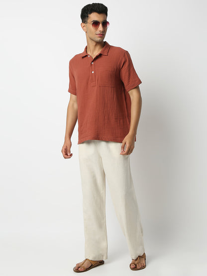 Relaxed Fit Solid Shirt Collar Half Sleeve Shirt