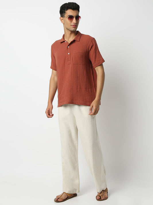 Relaxed Fit Solid Shirt Collar Half Sleeve Shirt